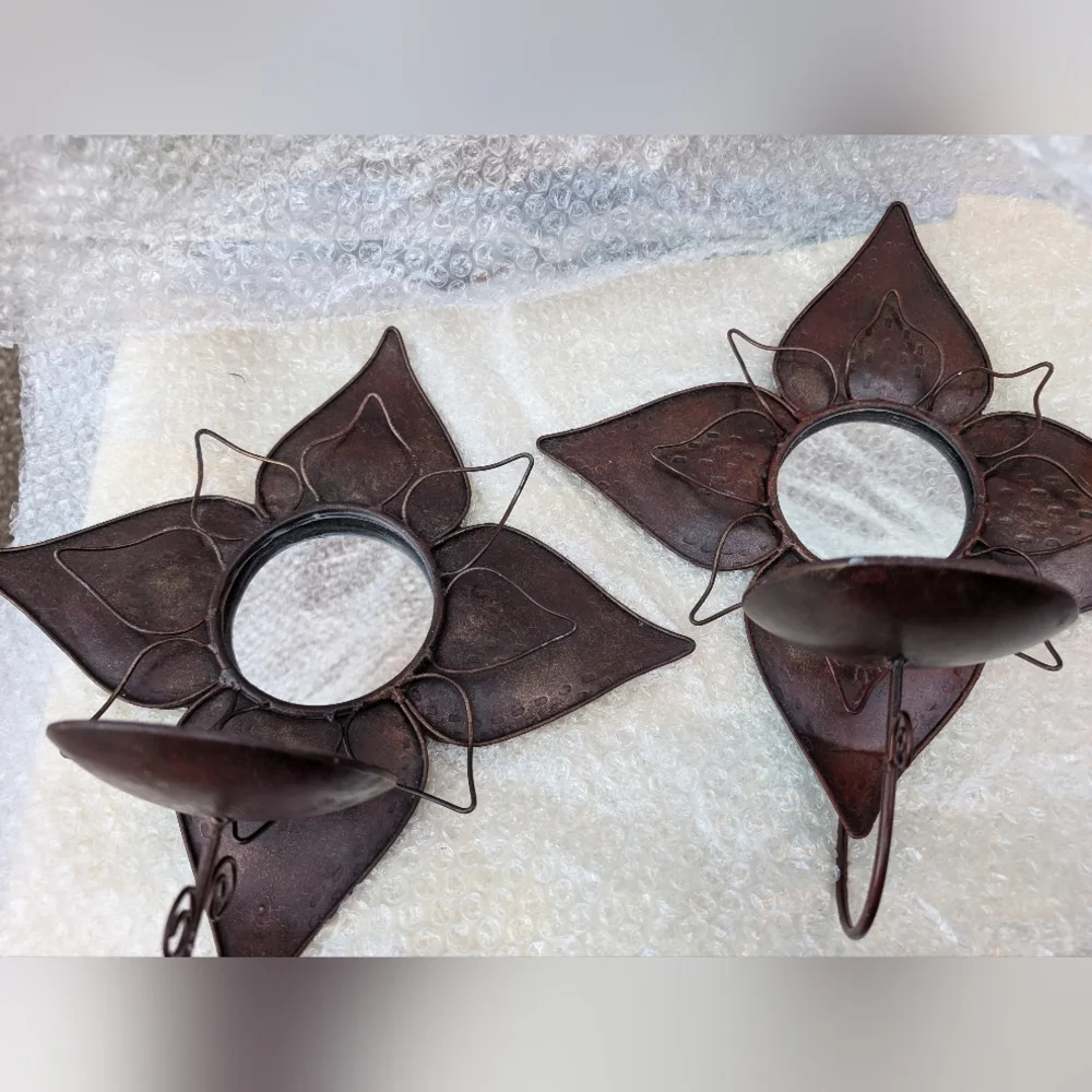 Brown Wrought Iron Flowers Wall Sconce With Mirrors Set Of 2 Nice Condition